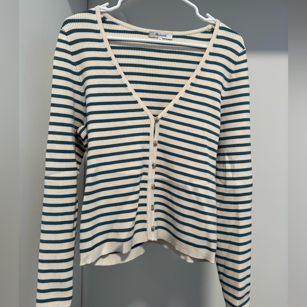 Madewell cream & blue stripped button front sweater